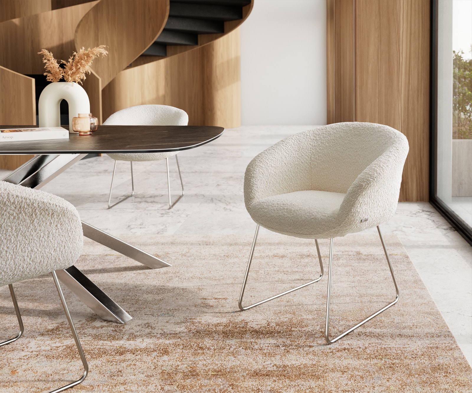 Esszimmerstuhl Vinka-Flex mit Armlehnen Bouclé Weiß Kufengestell Edelstahl Taschenfederkern Esszimmerstuhl Vinka-Flex mit Armlehnen Bouclé Weiß Kufengestell Edelstahl Taschenfederkern