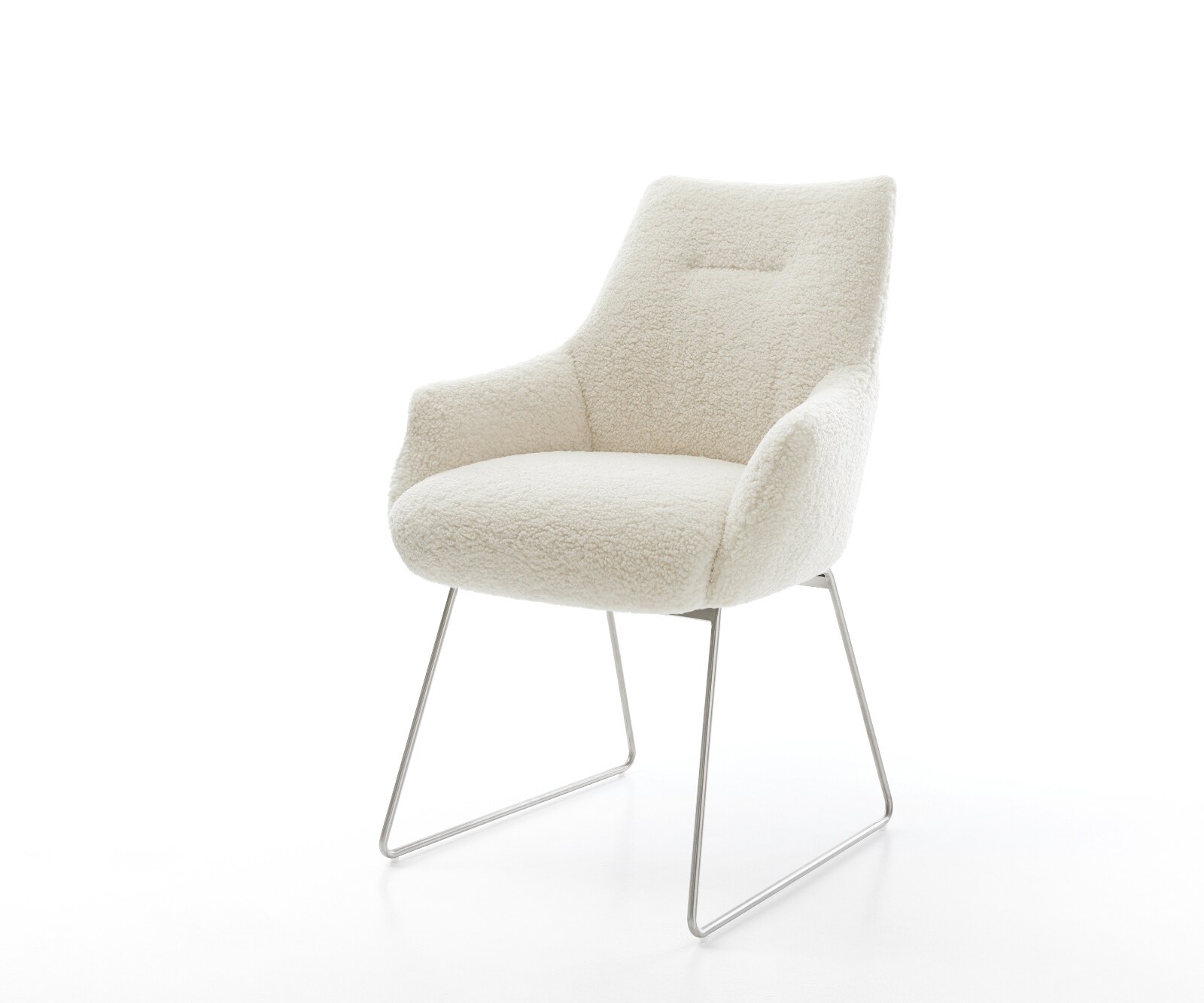 Esszimmerstuhl Alja-Flex mit Armlehnen Teddystoff Beige Kufengestell Edelstahl Taschenfederkern 1