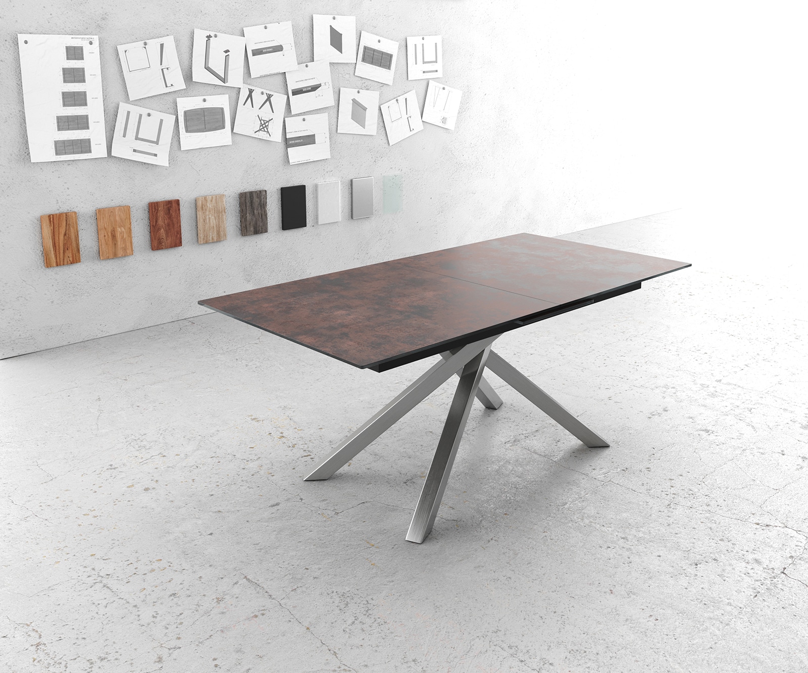 Table-à-manger Edge 180-220x90cm verre Antique-marron pieds milieu croisé argent 2