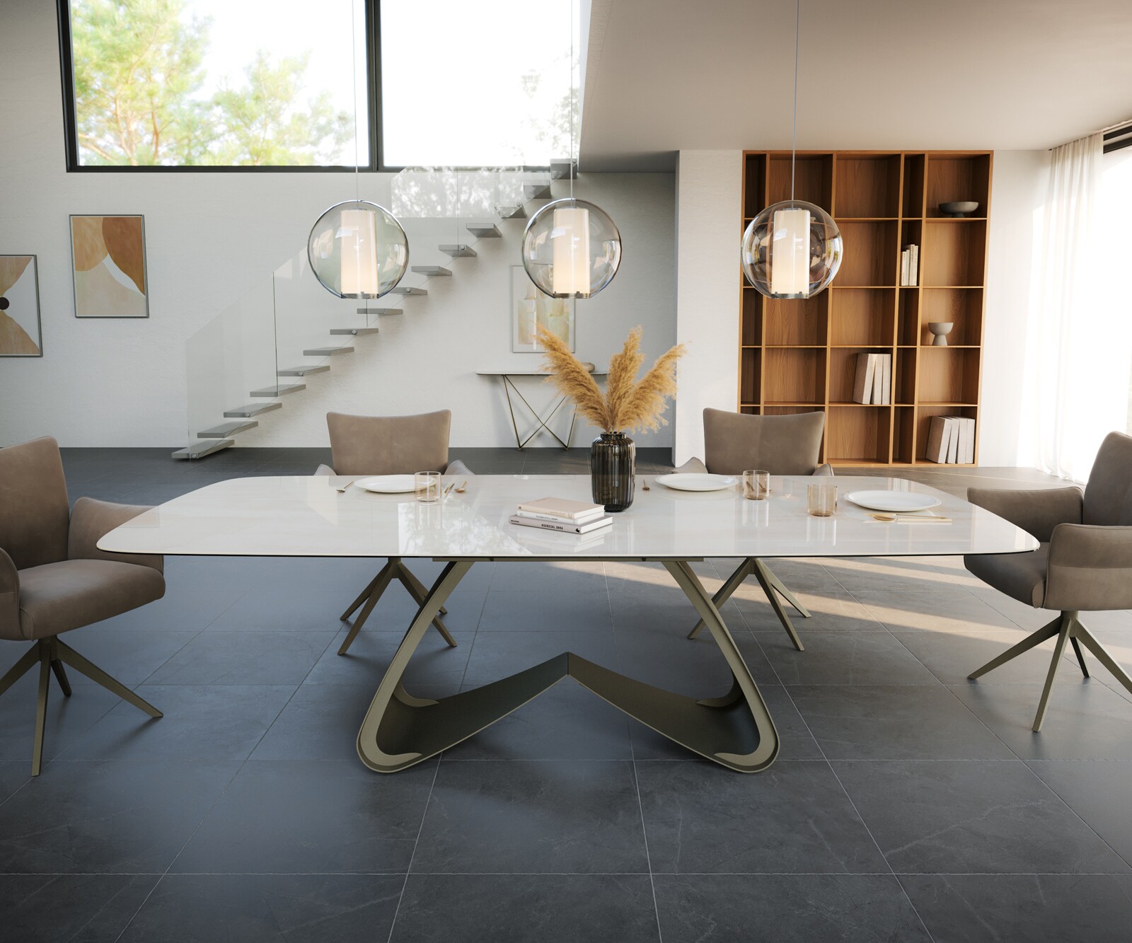 Esstisch Edge Boot 260x120 cm Keramik Onyx Champagne W-Gestell Metall Effektfinish Titan 5