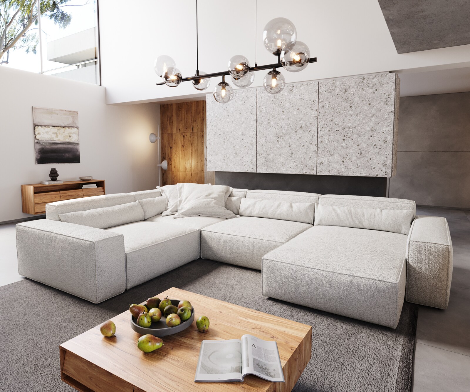 Wohnlandschaft Sirpio XL 360x260 cm Bouclé Creme-Weiß Recamiere variabel