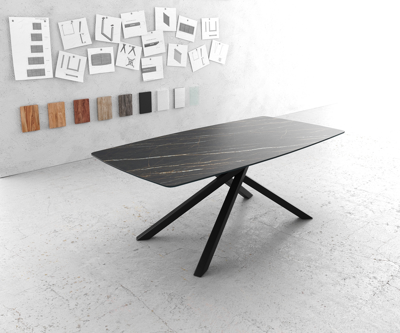 Esstisch Edge Bootsform 200x100cm Laminam® Keramik Noir Desir Braun Mittelfuß Kreuz Schwarz Esstisch Edge Bootsform 200x100cm Laminam® Keramik Noir Desir Braun Mittelfuß Kreuz Schwarz