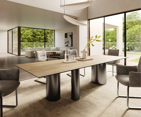 Esstisch Edge 300x100 Keramik Laminam® Sabbia Eichefarbig Troa Edelstahl Graphit