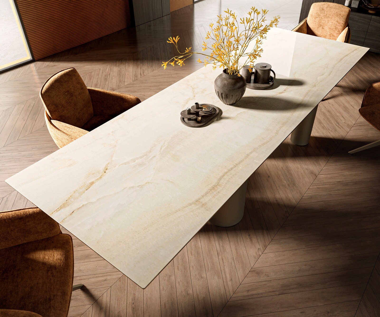 Esstisch Edge 300x100 Keramik Laminam® Onice Oro ​Pilier Metall Effektfinish Titan 3