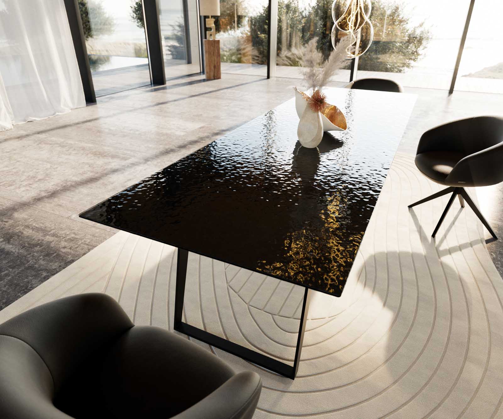 Esstisch Edge 300x100 Reliefglas Rauchschwarz 3D-Design Metall Schräg Schwarz 6 Esstisch Edge 300x100 Reliefglas Rauchschwarz 3D-Design Metall Schräg Schwarz 6