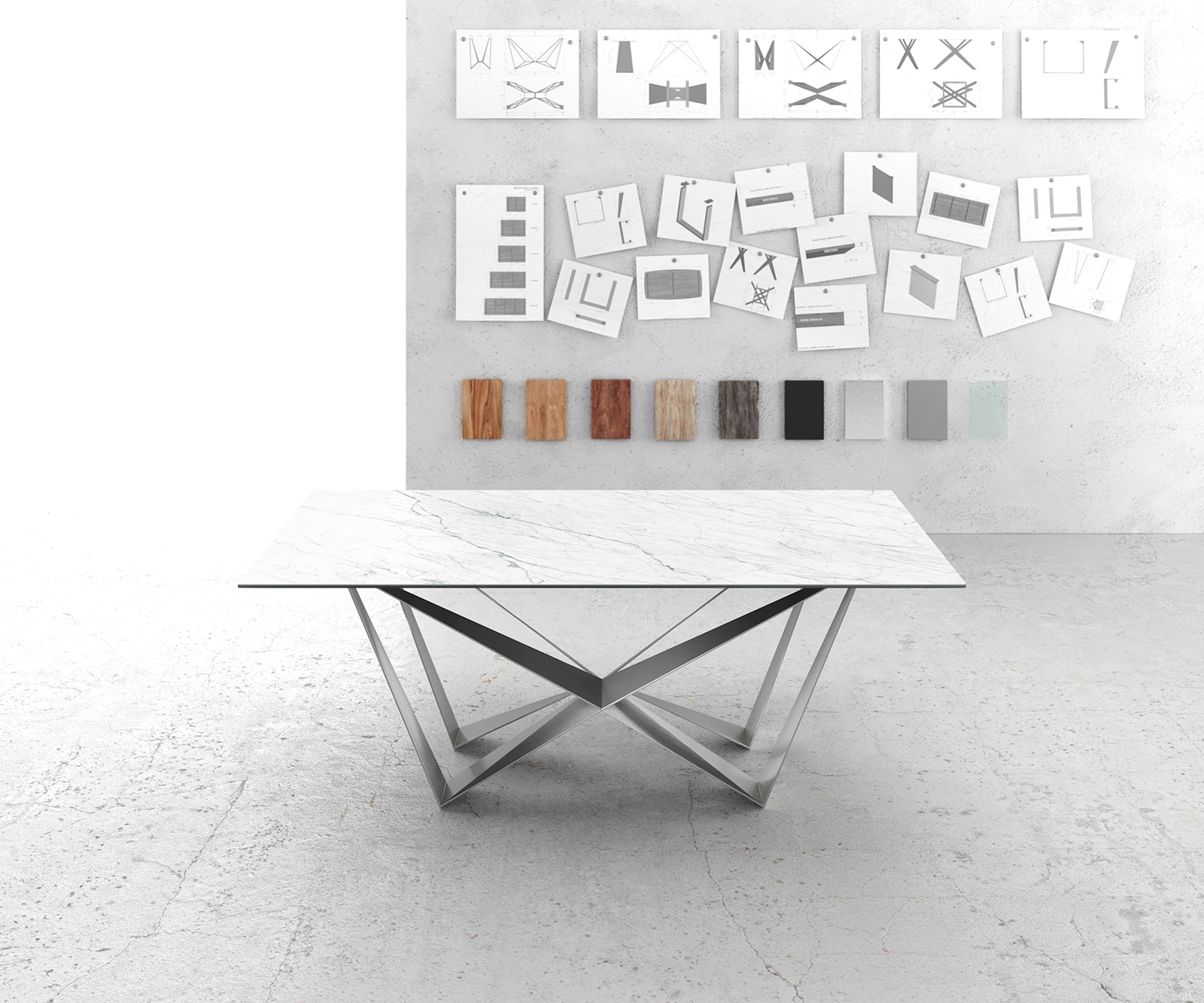 Table-à-manger Edge 200x100cm Laminam® céramique blanc pieds milieu acier plat argent 1 Table-à-manger Edge 200x100cm Laminam® céramique blanc pieds milieu acier plat argent 1