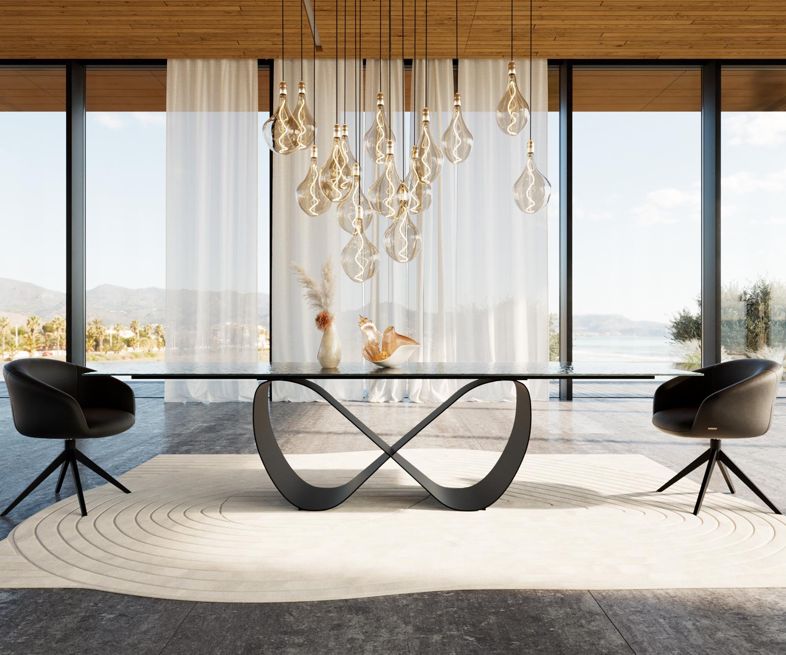 Esstisch Edge 300x100 Reliefglas Rauchschwarz 3D-Design Infinity Metall Schwarz 1 Esstisch Edge 300x100 Reliefglas Rauchschwarz 3D-Design Infinity Metall Schwarz 1