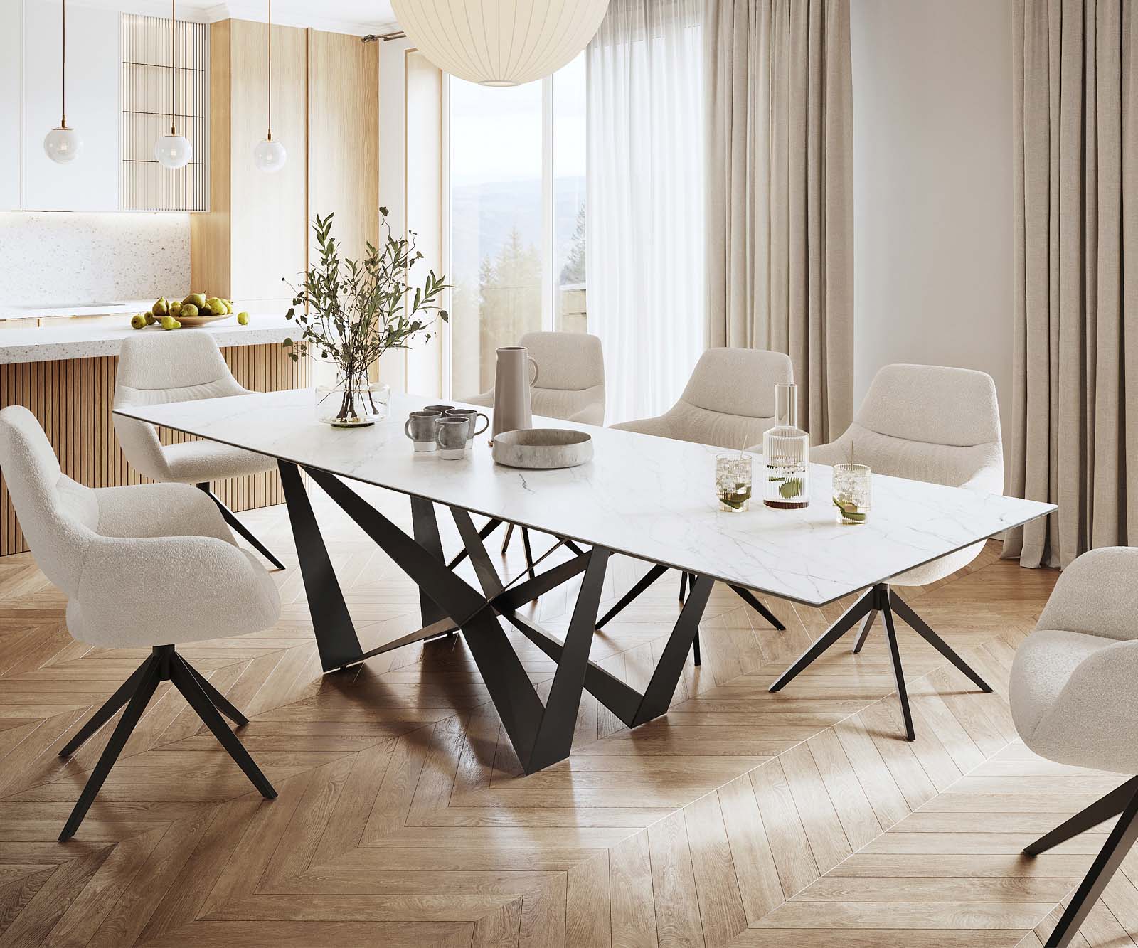 Esstisch Edge 300x100cm Keramik Laminam®Statuarietto Weiß Mittelfuß Flachstahl Schwarz 1