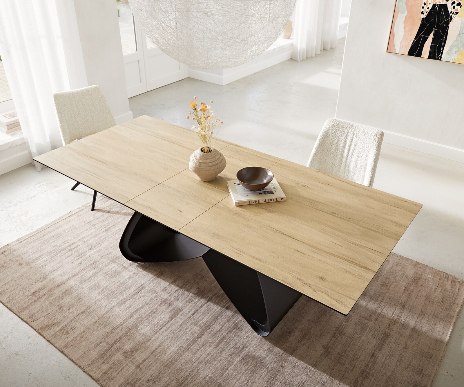 Esstisch Edge 180-220x100 Keramik Laminam® Sabbia Eichefarbig W-Gestell Schwarz ausziehbar 5