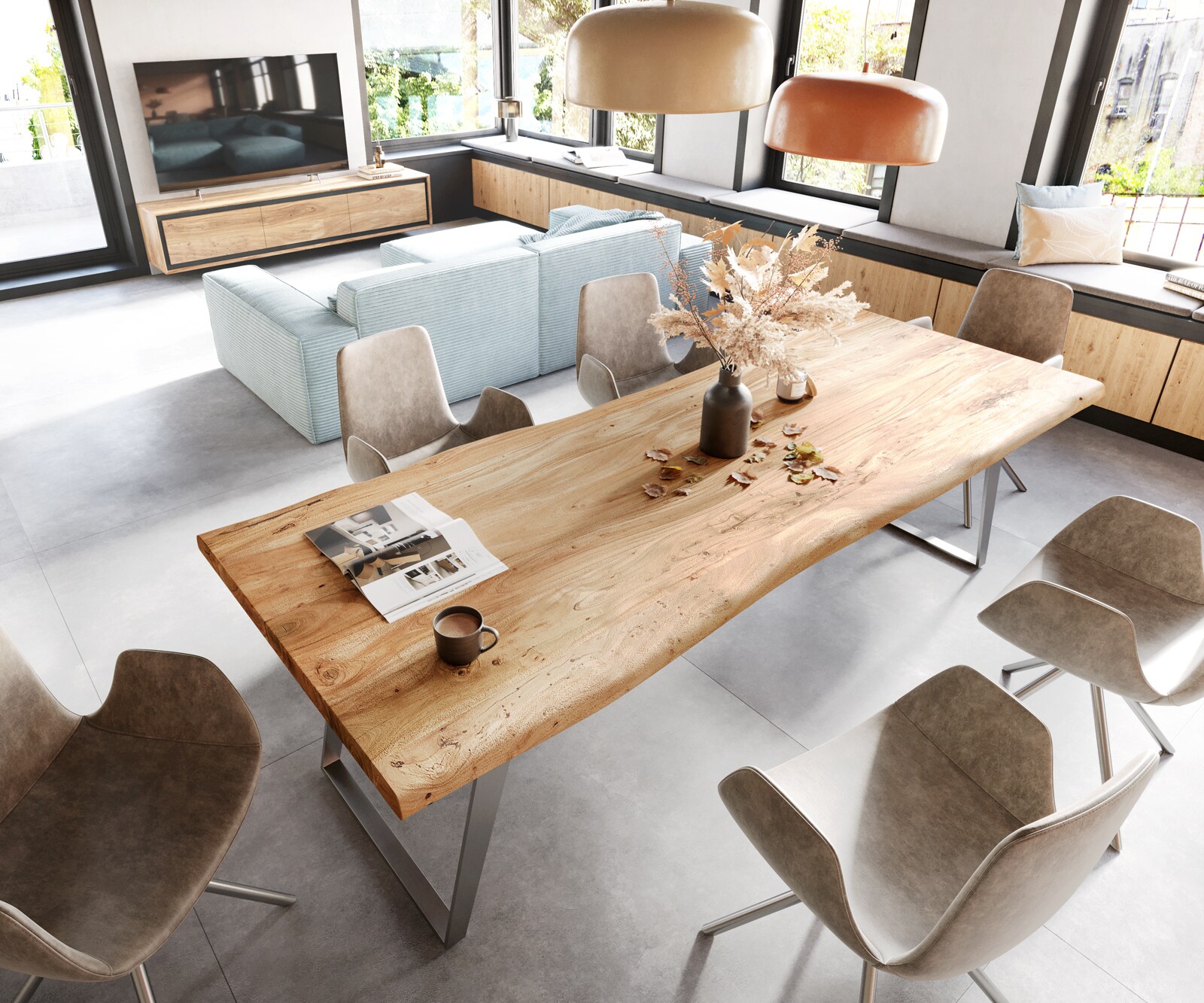 Table-à-manger Edge 260x100cm XL acacia nature acier inoxydable argent incliné Live-Edge 4