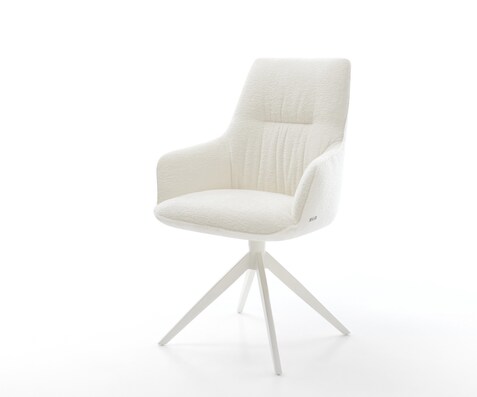 Drehstuhl Zelia-Flex mit Armlehnen Bouclé Soft Beige Kreuzgestell breit Weiß 360° drehbar Wippfunktion Taschenfederkern