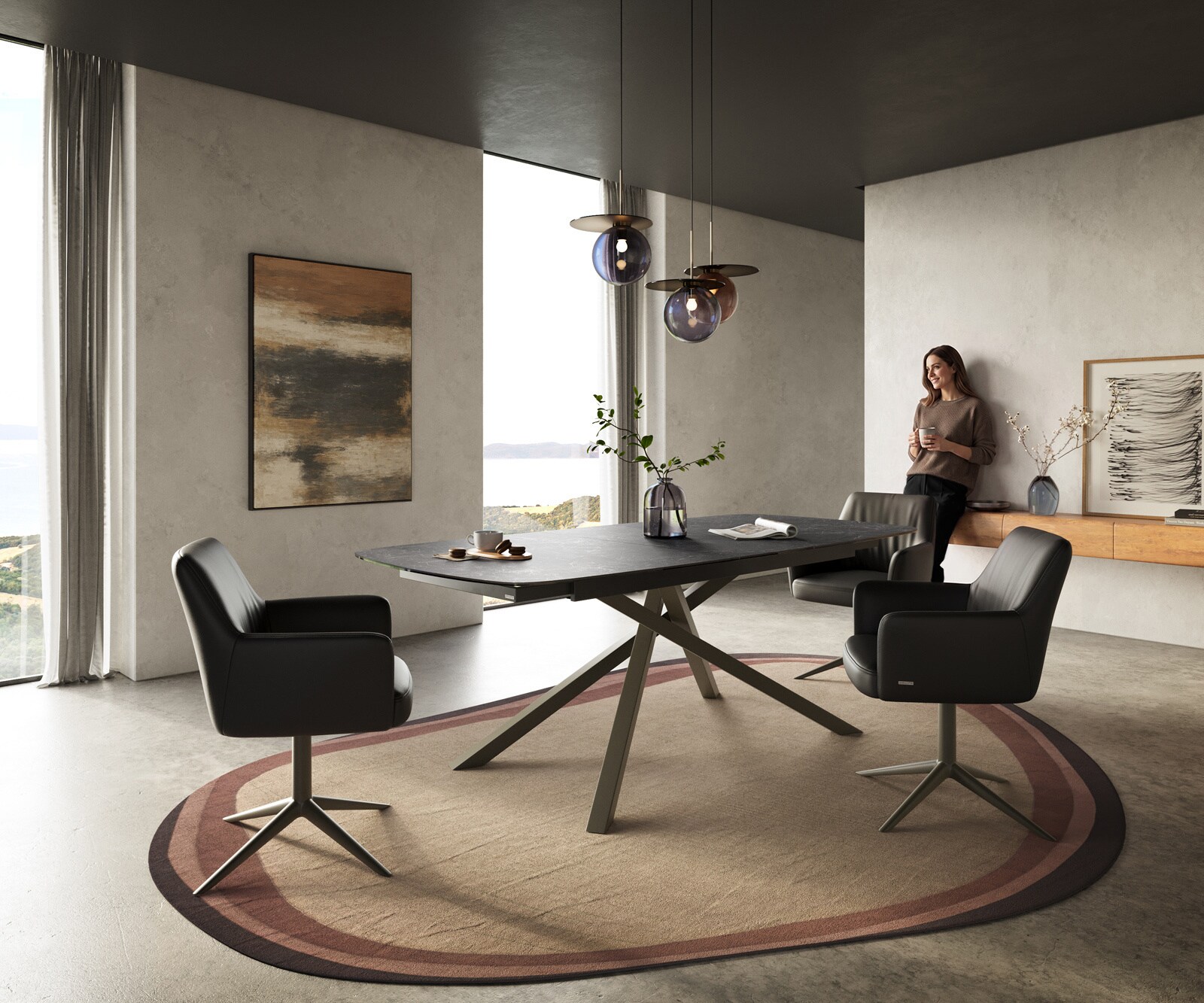 Esstisch Edge Boot 180-220x100 cm Keramik Laminam® Nero Greco Anthrazit Kreuzgestell Rechteck Effektfinish Titan ausziehbar 5