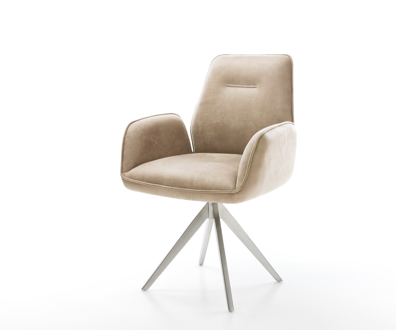 Chaise-de-salle-à-manger Zoa-Flex microvelours beige vintage pied croisé angulaire acier inoxydable brossé ressorts ensachés