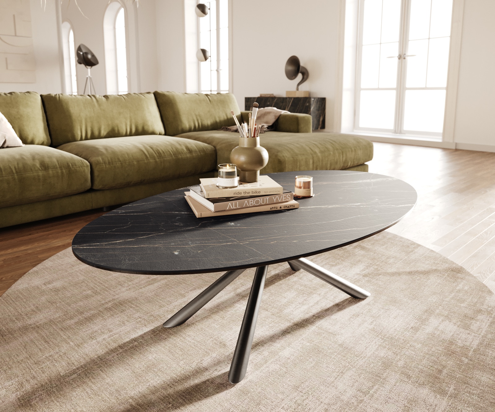 Table basse Edge Oval 140x80 cm céramique Laminam® Noir Desir brun Sarity acier inoxydable brossé 1