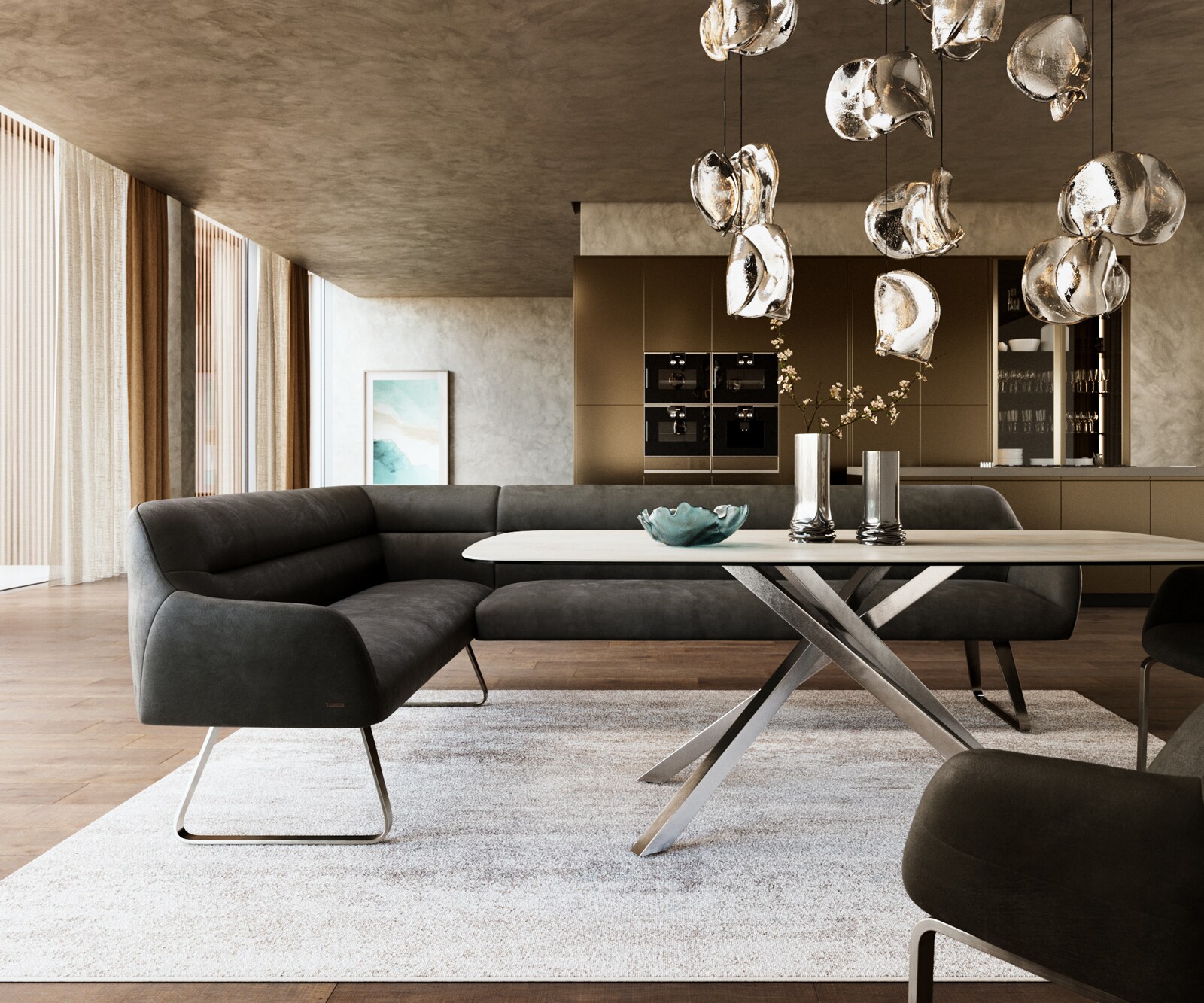 Banc-de-salle-à-manger Taya-Flex 285x190 cm microfibre antracite vintage châssis à patins plat acier inoxydable ressort ensaché à droite 2