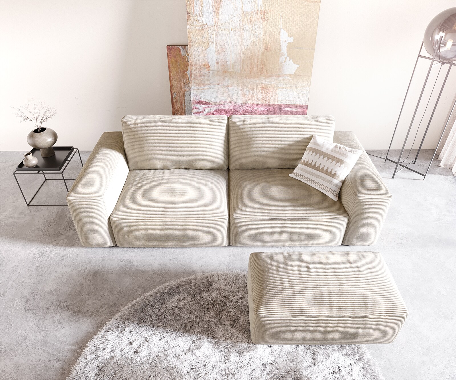 Big canapé Lanzo 230x95 cm velours côtelé beige avec pouf 3