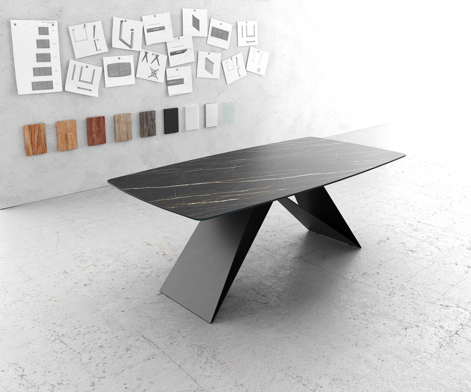 Table-à-manger Edge forme Boot 200x100cm Laminam® céramique marron V-pieds milieu noir 1