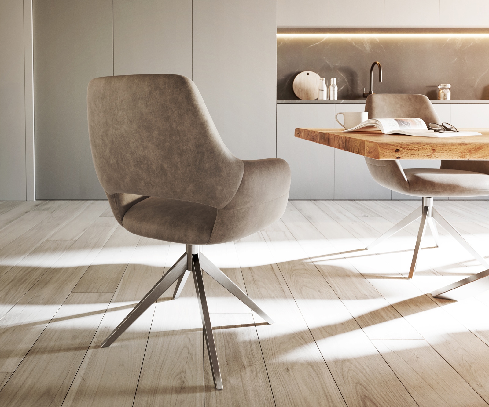 Esszimmerstuhl Yago-Flex mit Armlehnen Mikrofaser Taupe Vintage Kreuzgestell breit Edelstahl Taschenfederkern 4 Esszimmerstuhl Yago-Flex mit Armlehnen Mikrofaser Taupe Vintage Kreuzgestell breit Edelstahl Taschenfederkern 4