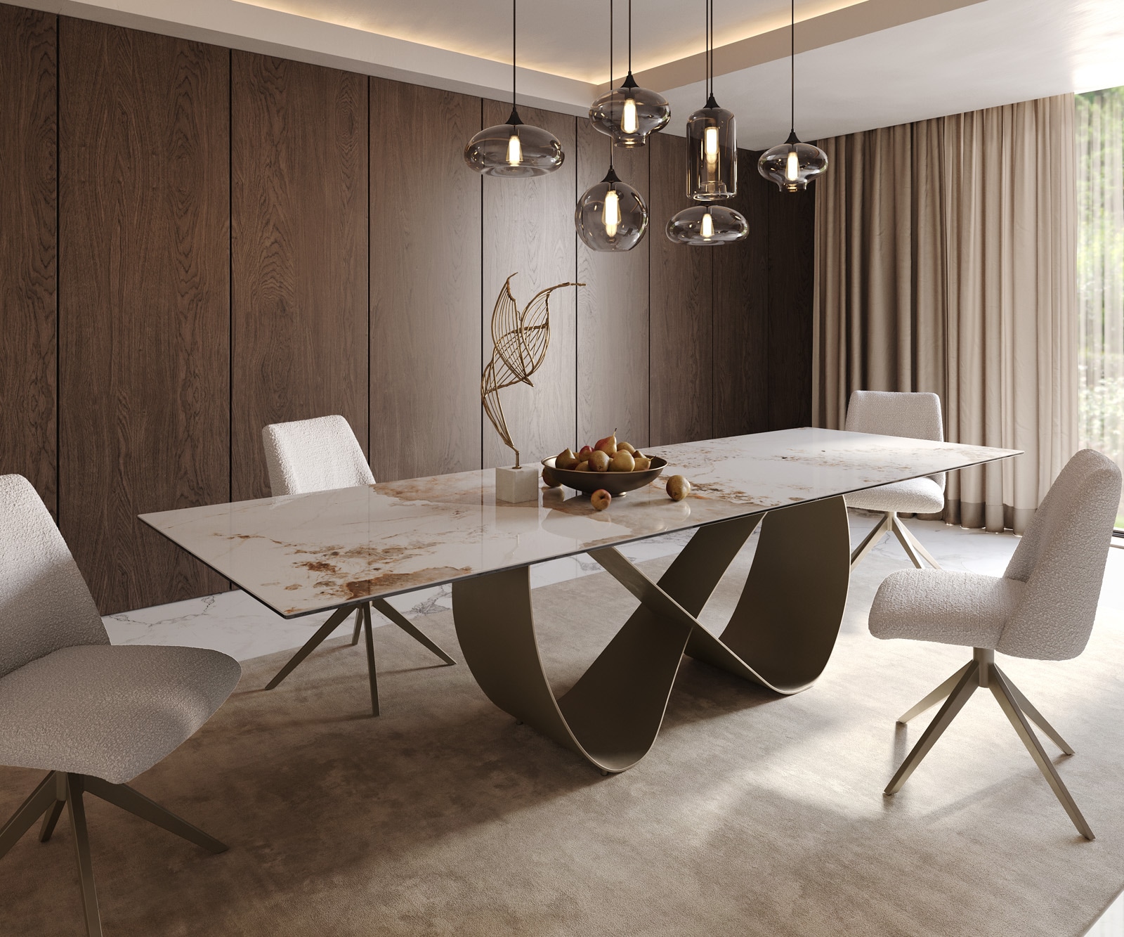 Esszimmertisch Edge Keramik Minas Melange Weiß-Beige 300x100 Infinity Metall Effektfinish Titan