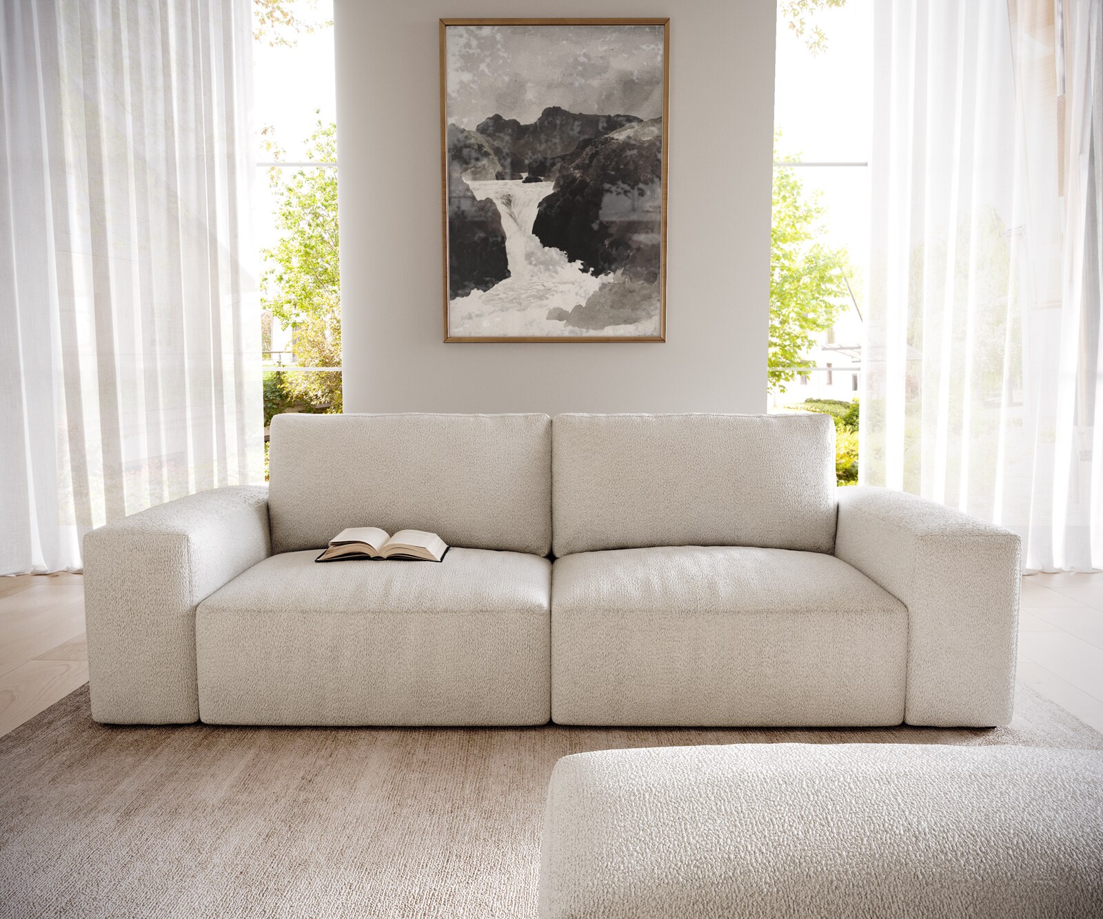 Big-Sofa Lanzo 230x95 cm Bouclé Creme-Weiß mit Hocker 1