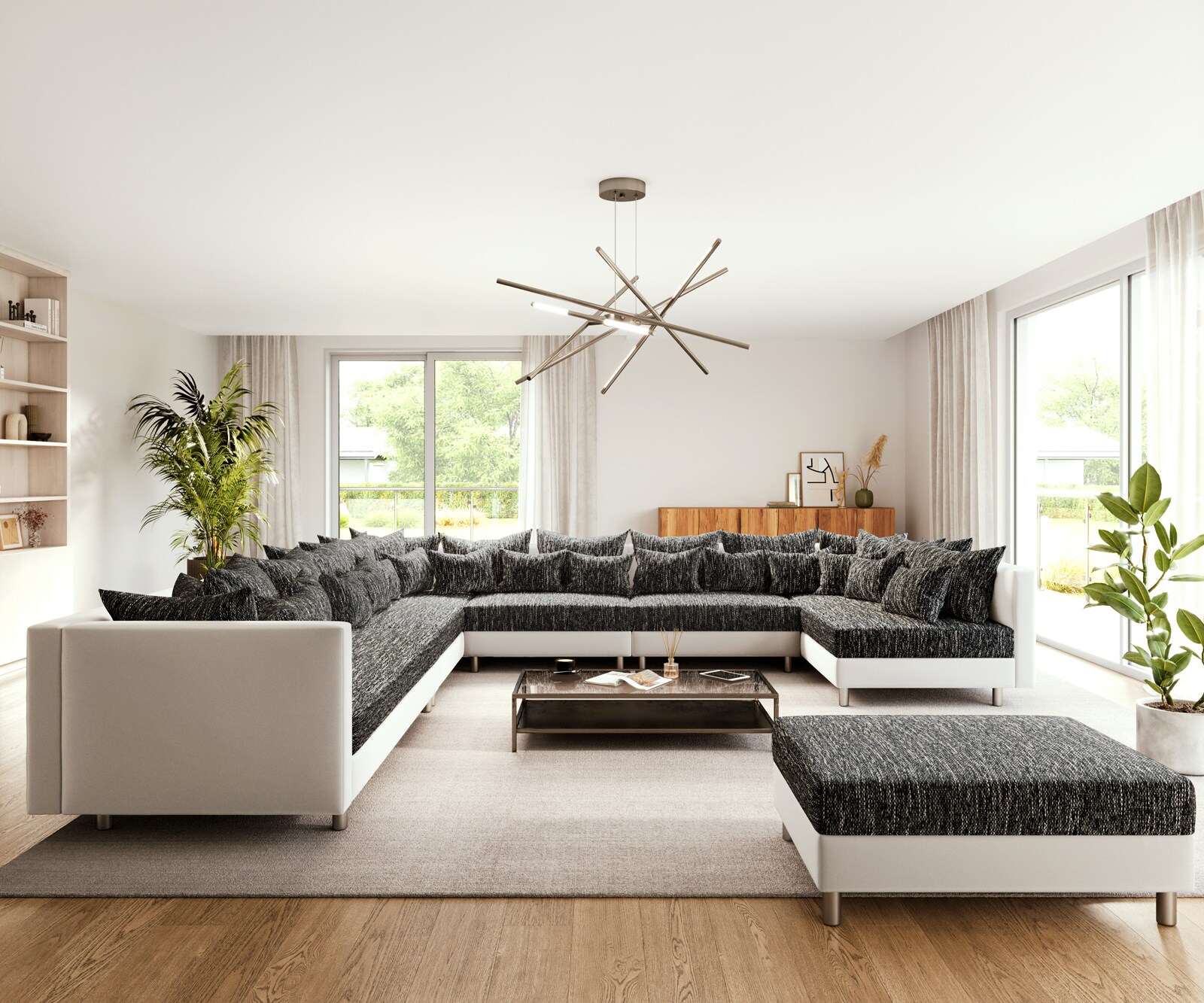 Canapé panoramique Clovis XXL Blanc Noir avec tabouret Pouf gauche 1