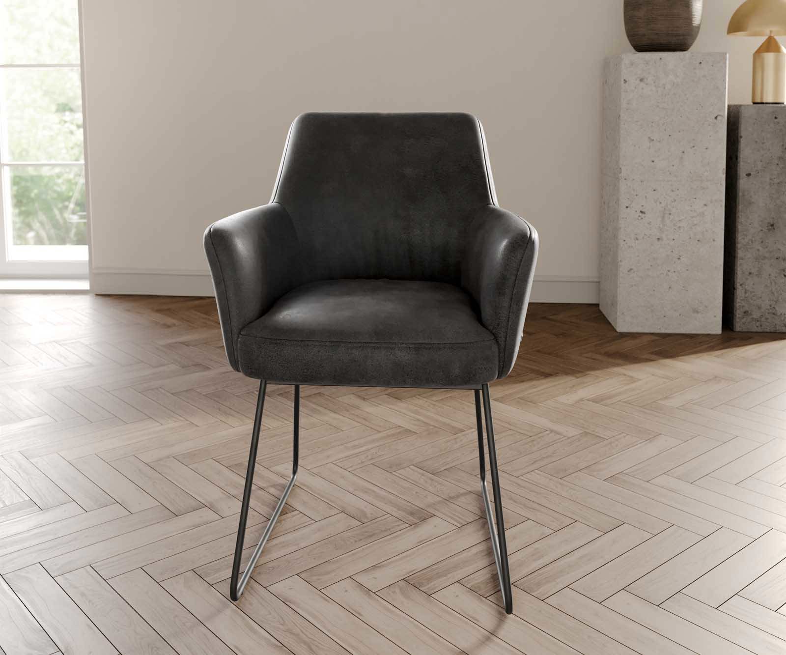 Chaise-de-salle-à-manger Xana-Flex avec accoudoirs microvelours anthracite vintage pied trapèze noir ressorts ensachés 1