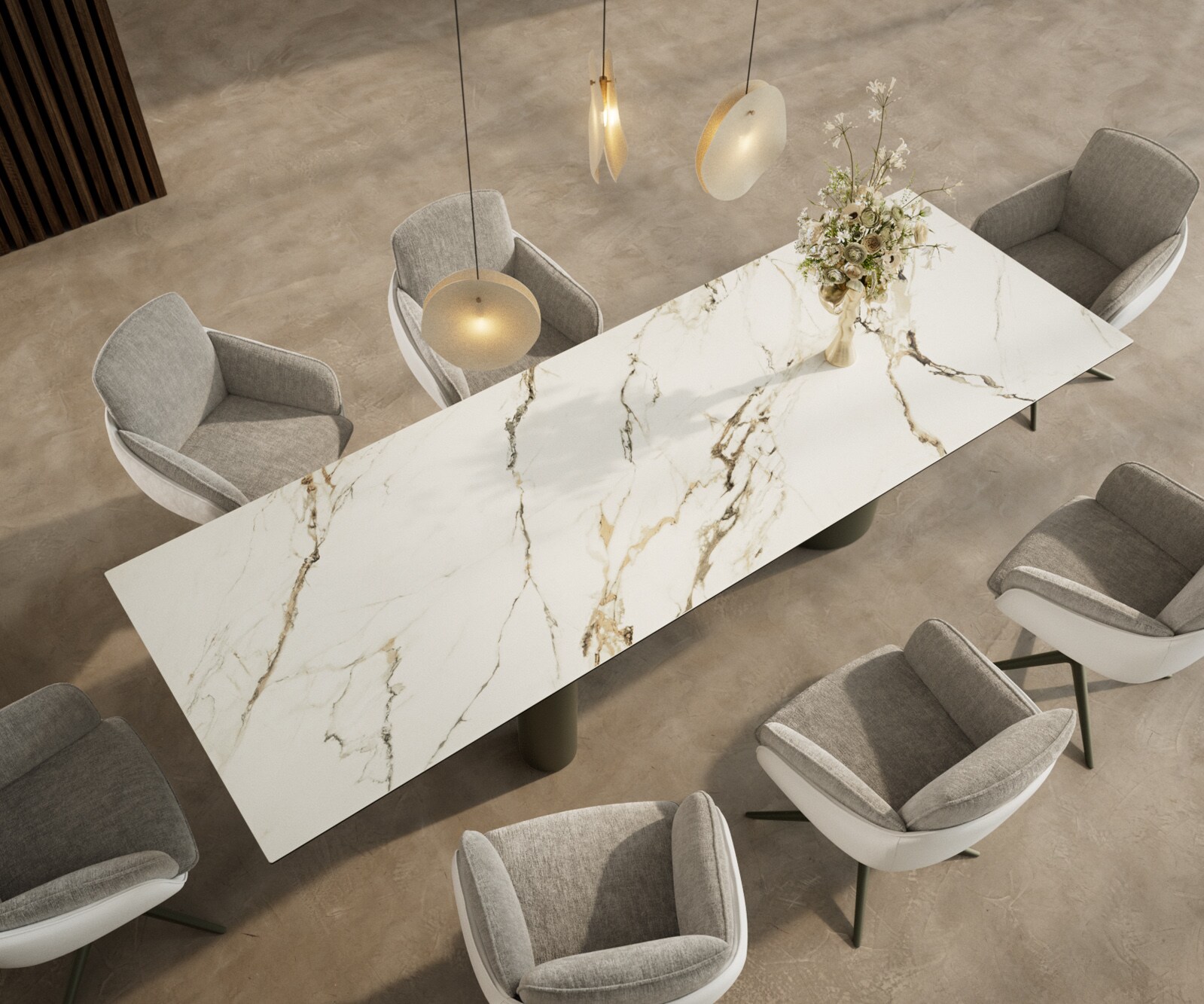 Esstisch Edge 300x100 Keramik Calacatta Luxe Weiß-Gold-Grau Troa Metall Effektfinish Titan 3