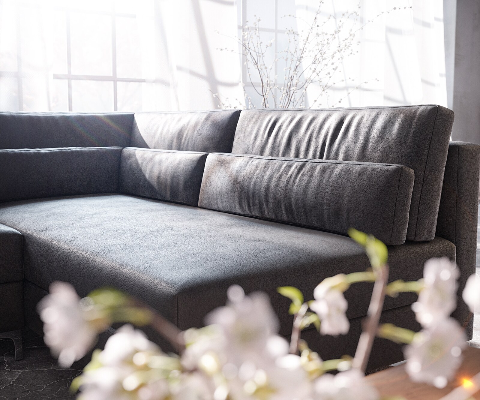 Canapé-panoramique Elio 300x185 cm similicuir vintage anthracite avec pouf 7