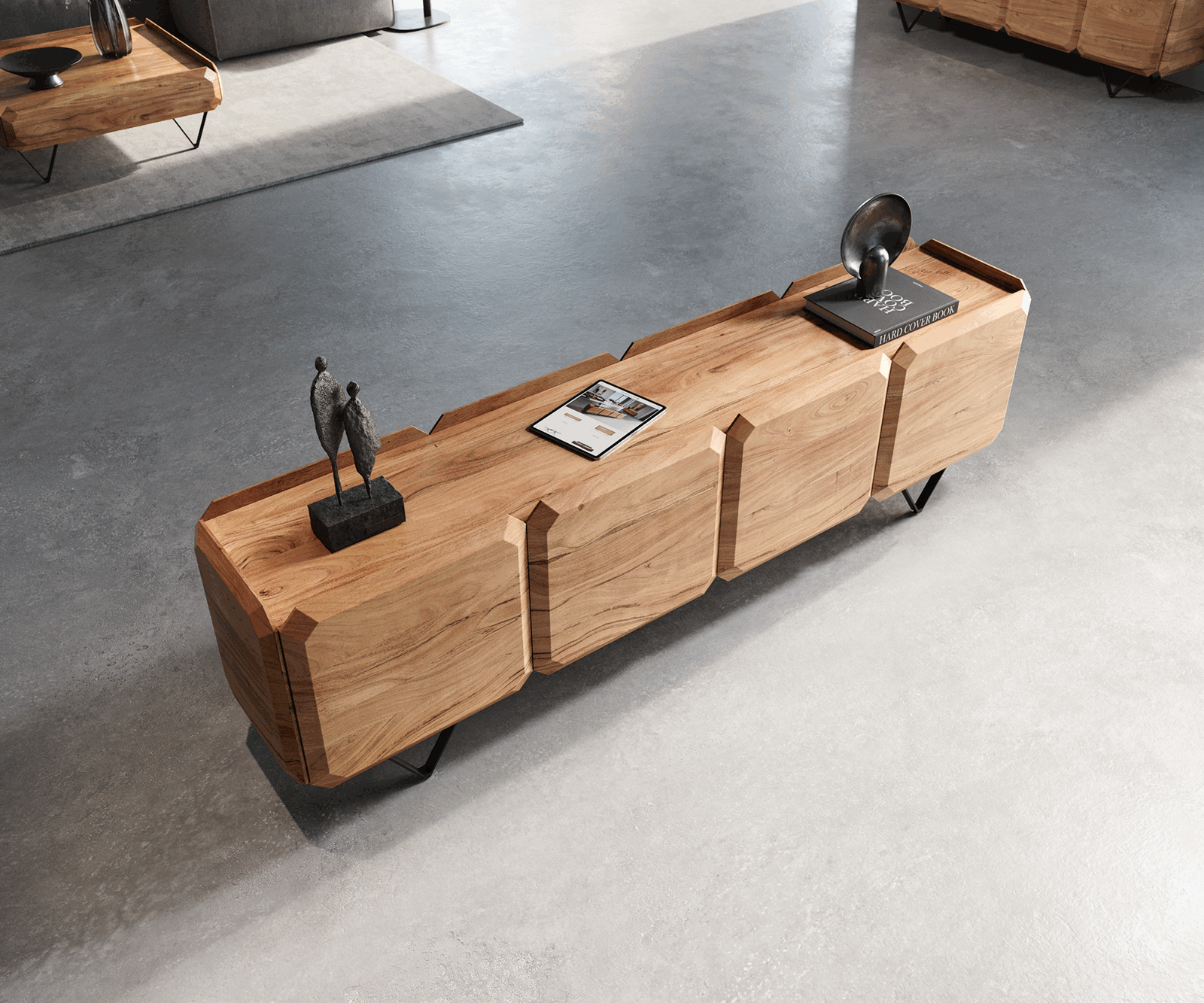 Meuble-bas Kiano 200 cm Acacia Nature 4 Portes Pied en V Noir Séparateur de pièce 3