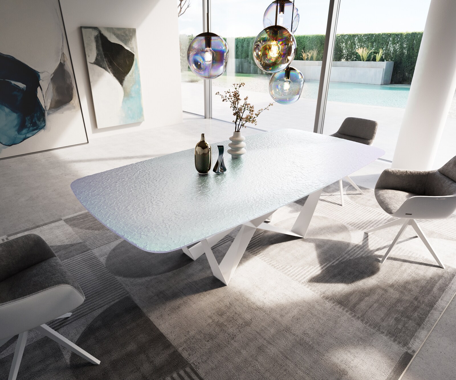 Table à manger Edge Boot 240x120 cm Reliefglas Nacre 3D-Design Spider Métal Blanc