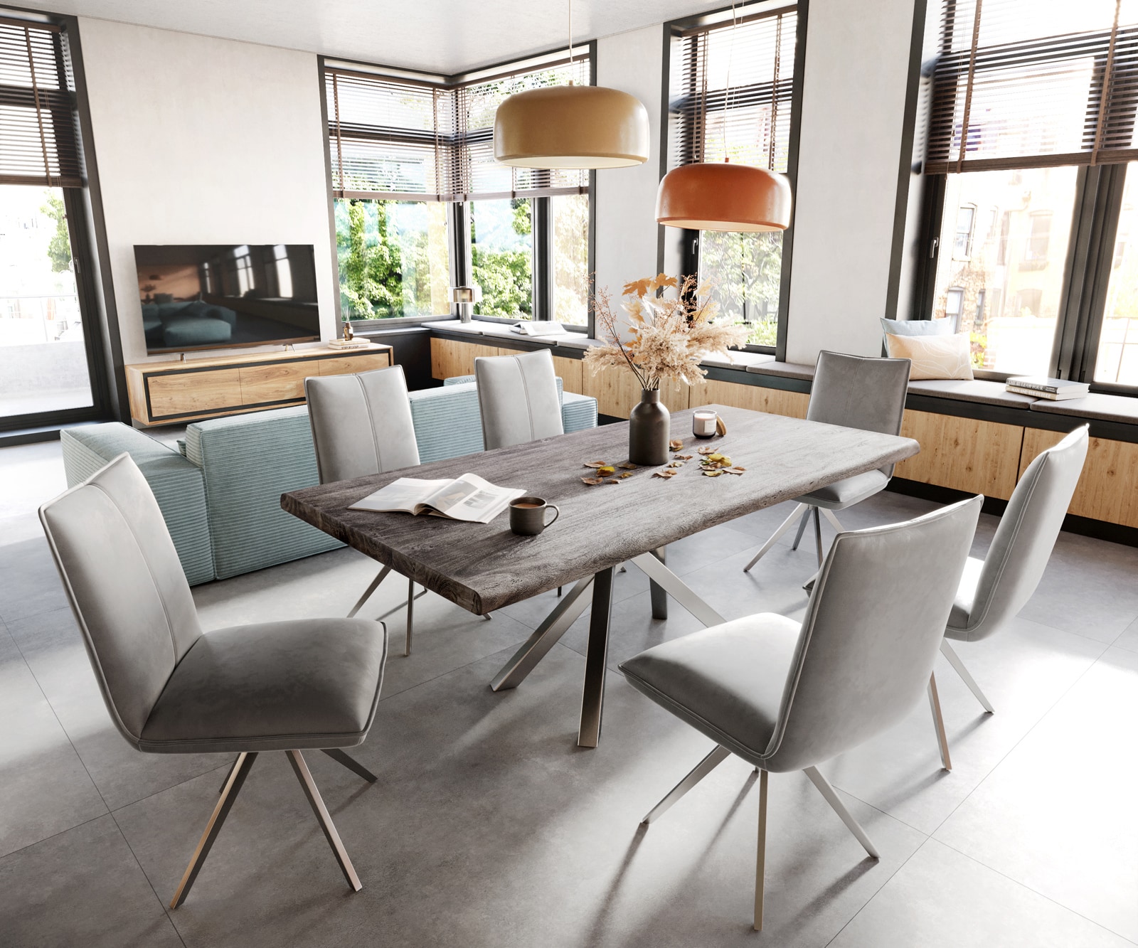 Esszimmerstuhl Lelio-Flex Samt Grau Kreuzgestell breit Edelstahl Taschenfederkern 3 Esszimmerstuhl Lelio-Flex Samt Grau Kreuzgestell breit Edelstahl Taschenfederkern 3