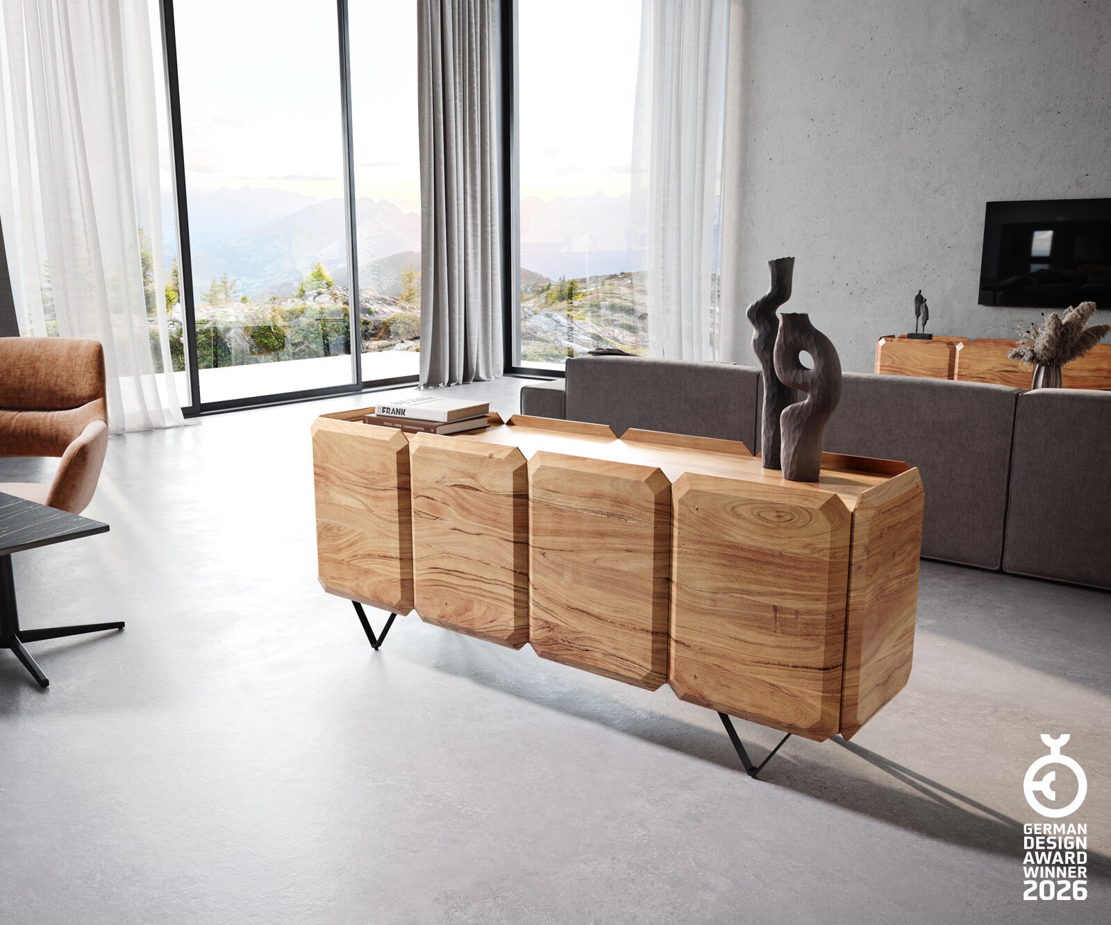 Buffet Kiano 175 cm Acacia Nature 4 Portes Pied en V Noir Séparateur de pièce
