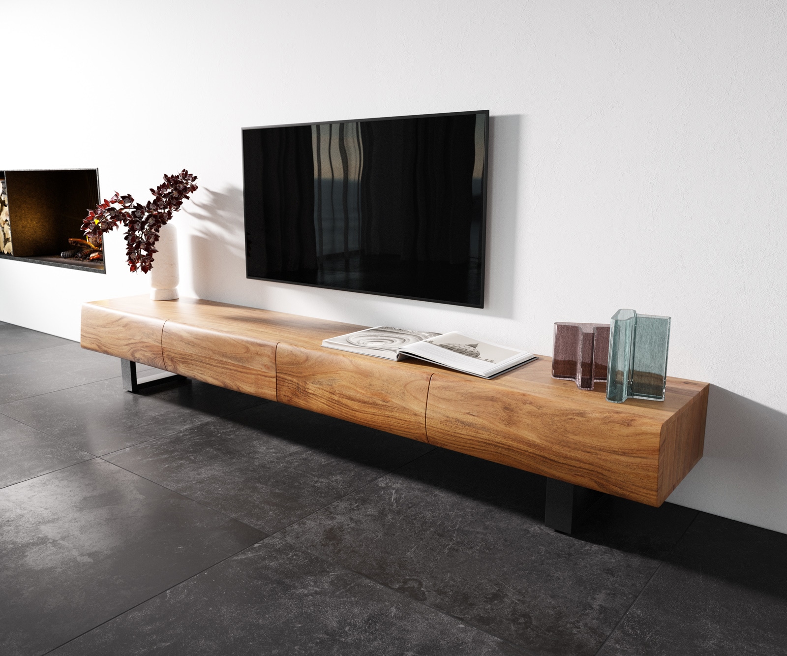 Meuble-TV New Live-Edge 240 cm acacia naturel 4 tiroirs patins métal noir Meuble-TV New Live-Edge 240 cm acacia naturel 4 tiroirs patins métal noir