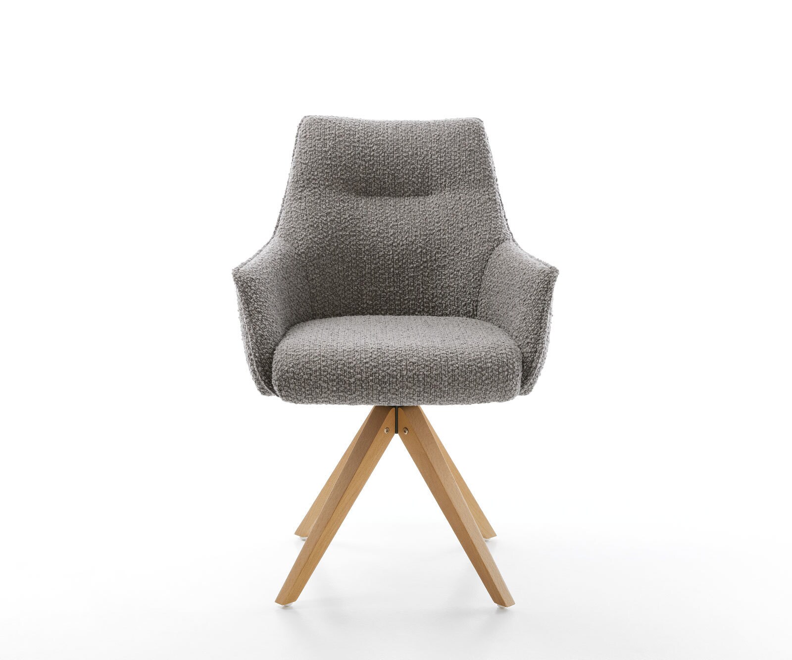 Chaise-pivotante Alja-Flex avec accoudoirs bouclé gris argenté pied en bois angulaire naturel pivotement sur 180° ressorts ensachés 2 Chaise-pivotante Alja-Flex avec accoudoirs bouclé gris argenté pied en bois angulaire naturel pivotement sur 180° ressorts ensachés 2