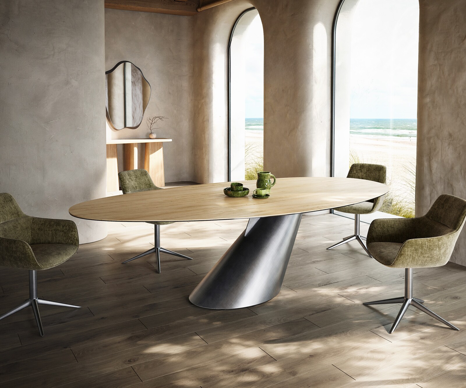 Esstisch Edge Oval 280x130 Keramik Laminam® Sabbia Eichefarbig Cono Metallic Silber 2