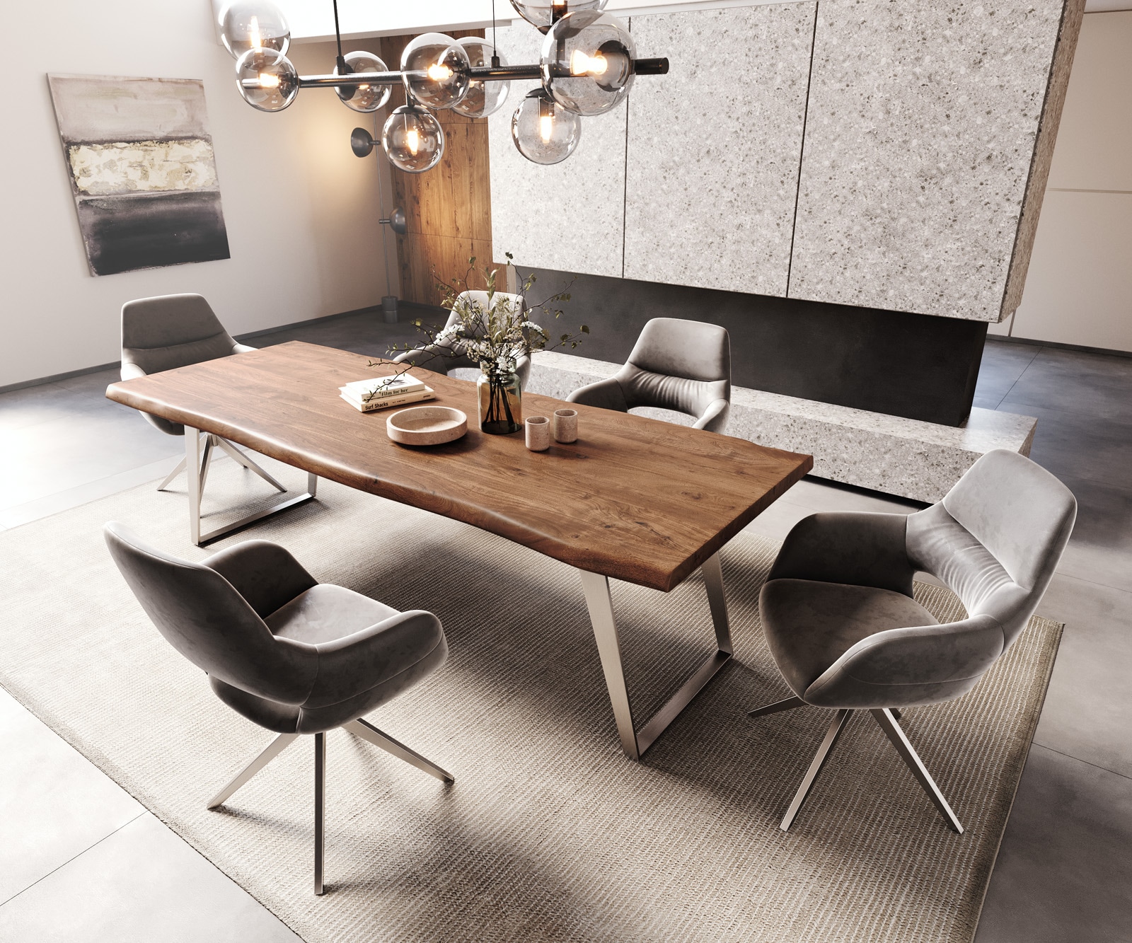Table-à-manger Edge 260x100cm XL acacia marron acier inoxydable argent incliné Live-Edge 6