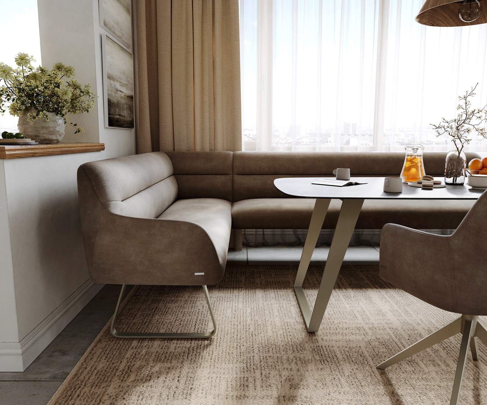 Banc-de-salle-à-manger Taya-Flex 285x190 cm microfibre taupe vintage châssis à patins plat titane ressort ensaché à droite 5