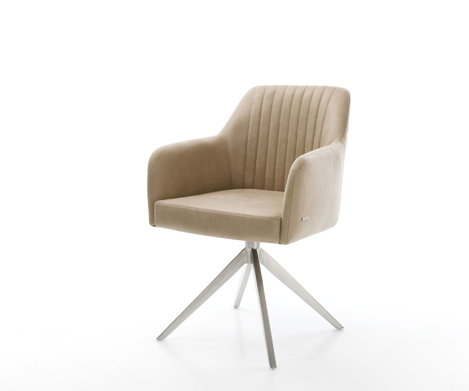 Chaise-pivotante Greg-Flex microvelours beige vintage pied croisé large acier inoxydable brossé pivotement sur 360° fonction bascule ressorts ensachés