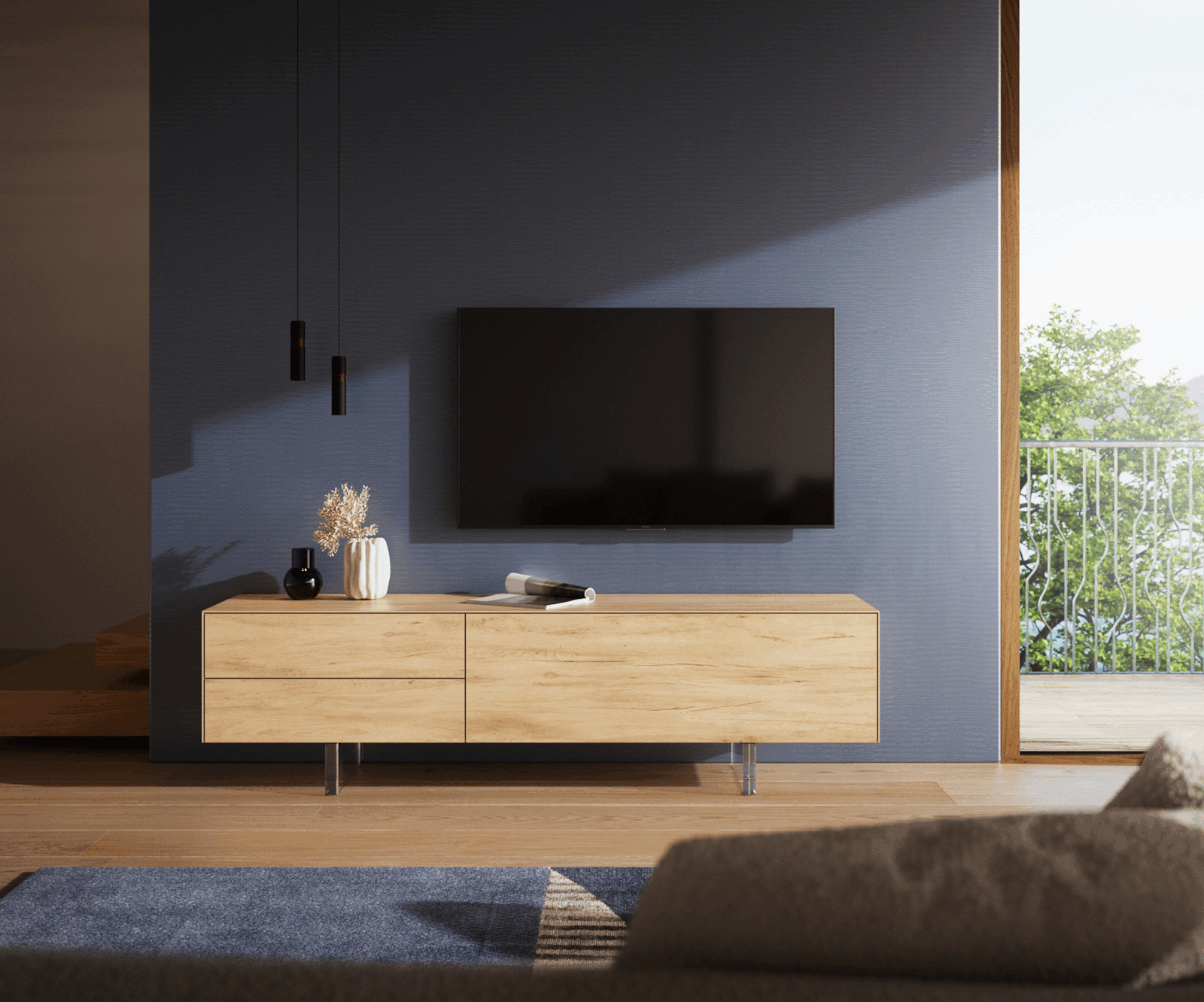 Meuble-TV Cuor 180 cm Céramique Laminam® Sabbia Teinte chêne 1 Clapet 2 Tiroirs Pied optique flottant Verre acrylique 2