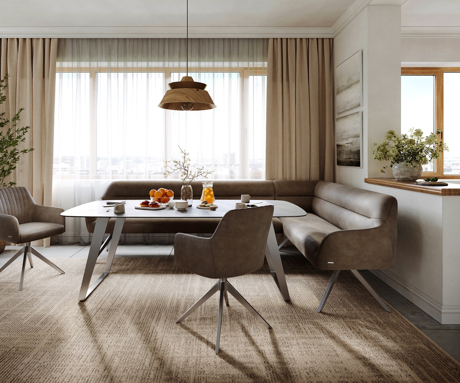 Esszimmerbank Taya-Flex 285x190 cm Mikrofaser Taupe Vintage Kreuzgestell kantig Edelstahl Taschenfederkern Links 1