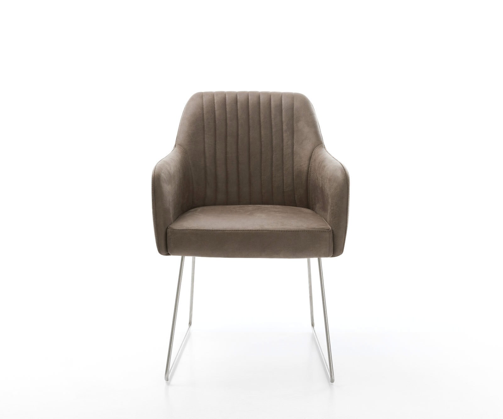 Chaise-de-salle-à-manger Greg-Flex microvelours taupe vintage pied trapèze acier inoxydable brossé ressorts ensachés 1