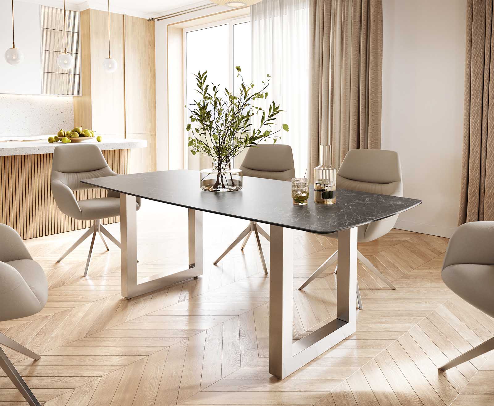 Table-à-manger Edge forme Boot 200x100 céramique Laminam® nero greco gris inox large Table-à-manger Edge forme Boot 200x100 céramique Laminam® nero greco gris inox large
