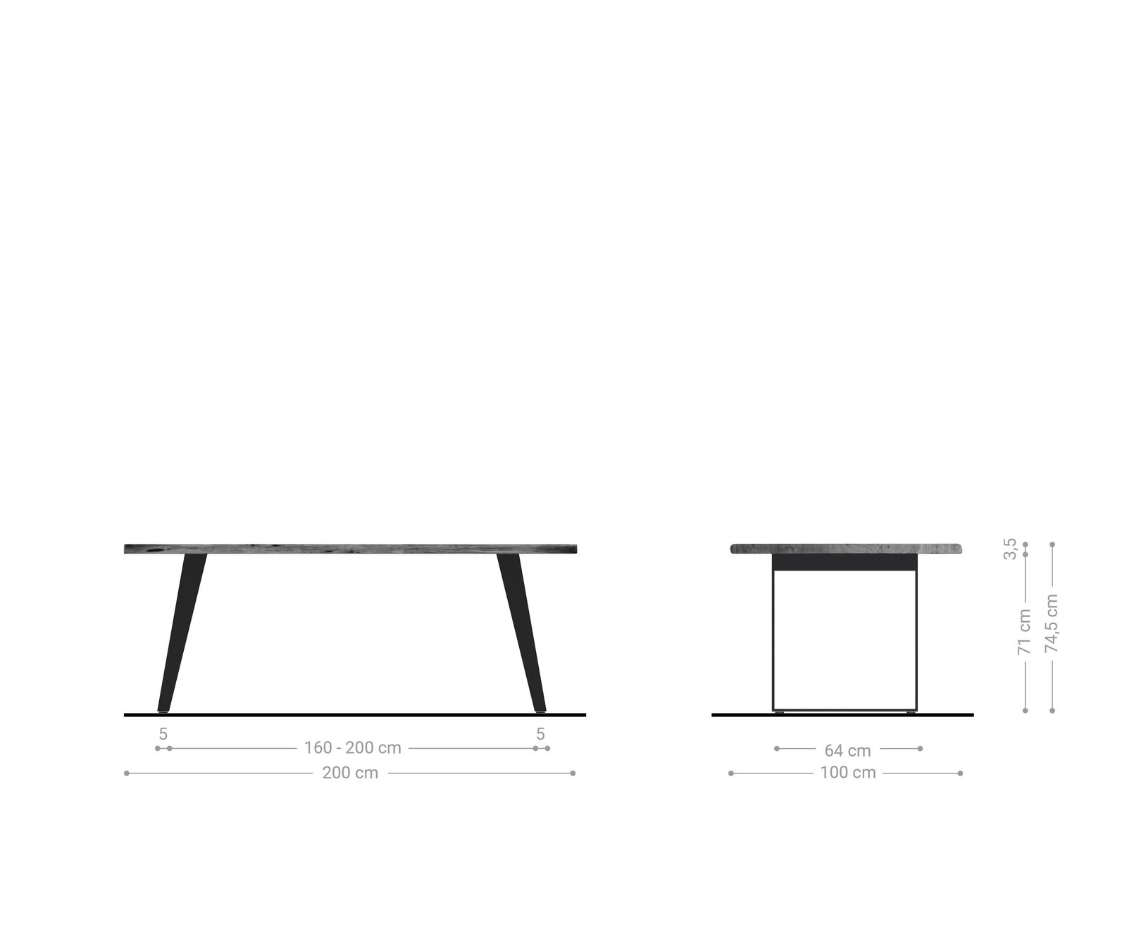 Table-à-manger Edge 200x100cm acacia marron acier inoxydable argent incliné Live-Edge 5