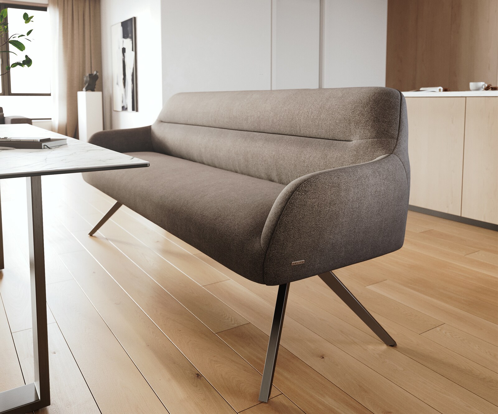 Esszimmerbank Taya-Flex 200 cm Strukturstoff Soft Taupe Kreuzgestell kantig Schwarz Taschenfederkern 4