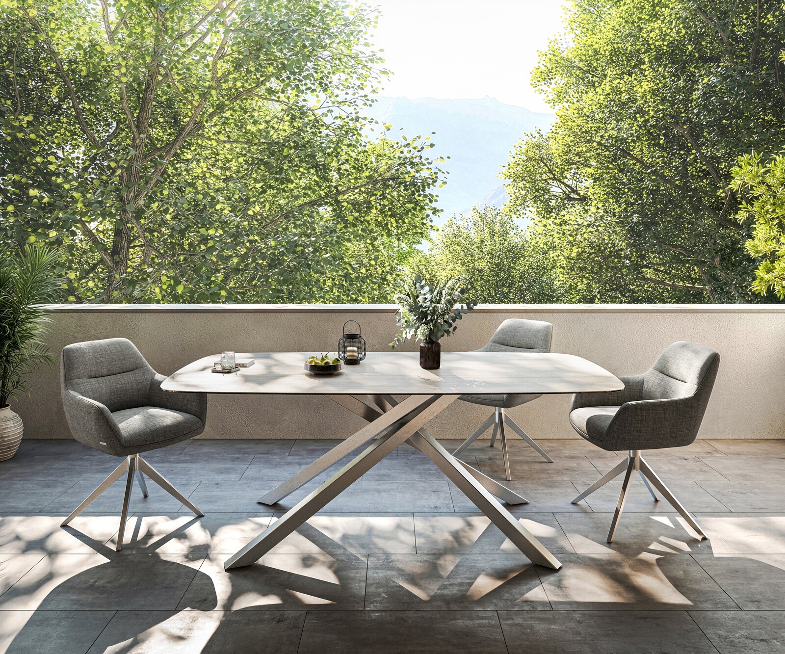 Outdoortisch Edge Boot 200x100 cm Keramik Laminam® Travertino Bianco Creme-Weiß Kreuzgestell Rechteck Edelstahl 1