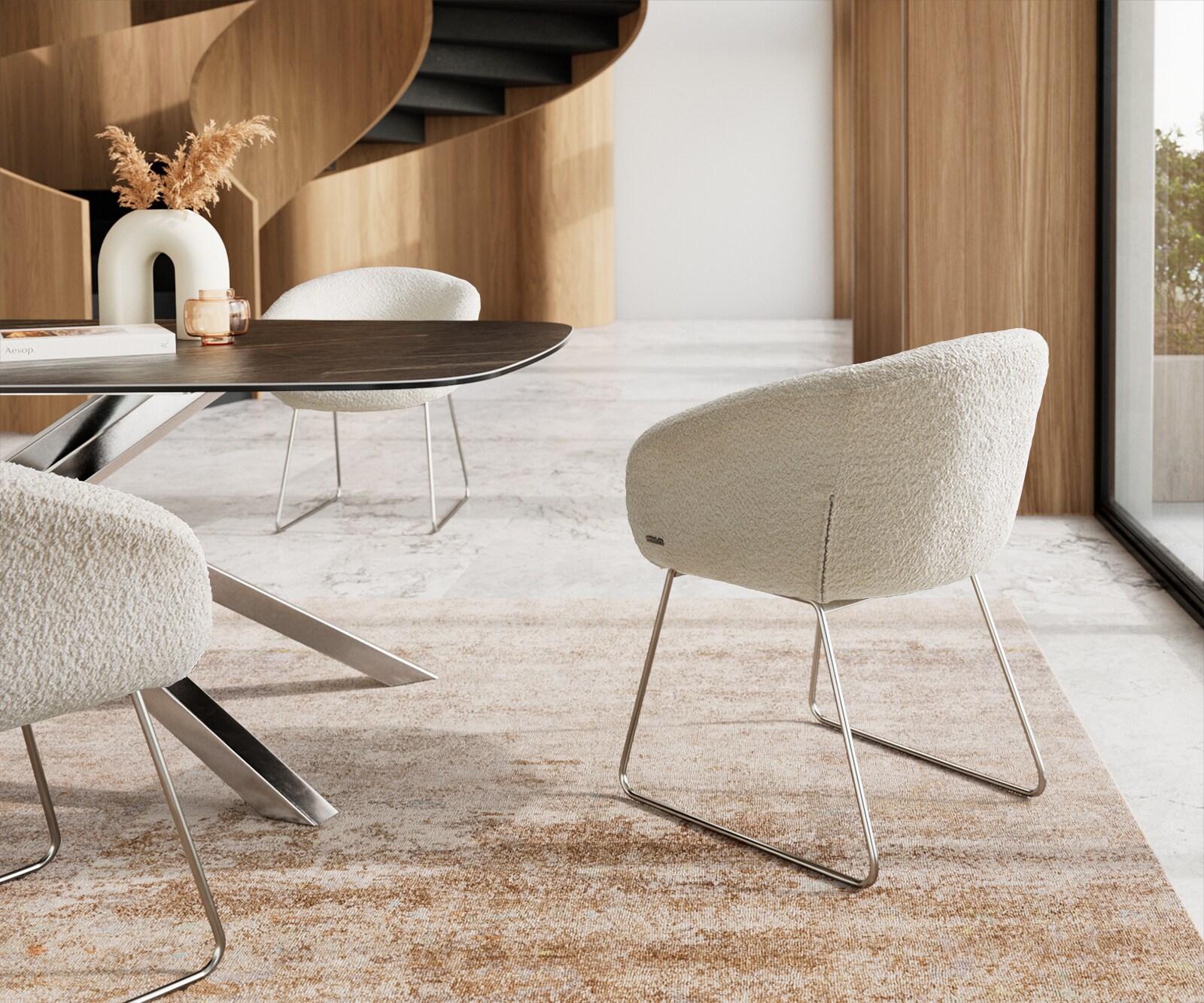 Chaise-de-salle-à-manger Vinka-Flex avec accoudoirs bouclé blanc pied trapèze acier inoxydable brossé ressorts ensachés 4