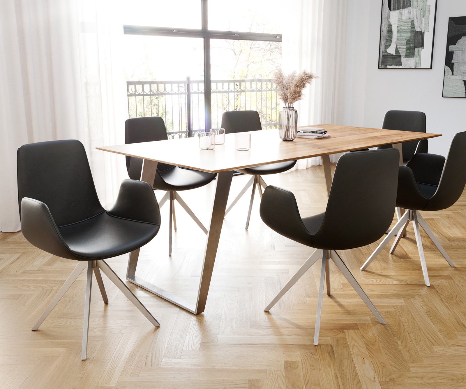 Esszimmerstuhl Ilia-Flex mit Armlehnen Echt-Leder Schwarz Kreuzgestell kantig Edelstahl 4 Esszimmerstuhl Ilia-Flex mit Armlehnen Echt-Leder Schwarz Kreuzgestell kantig Edelstahl 4