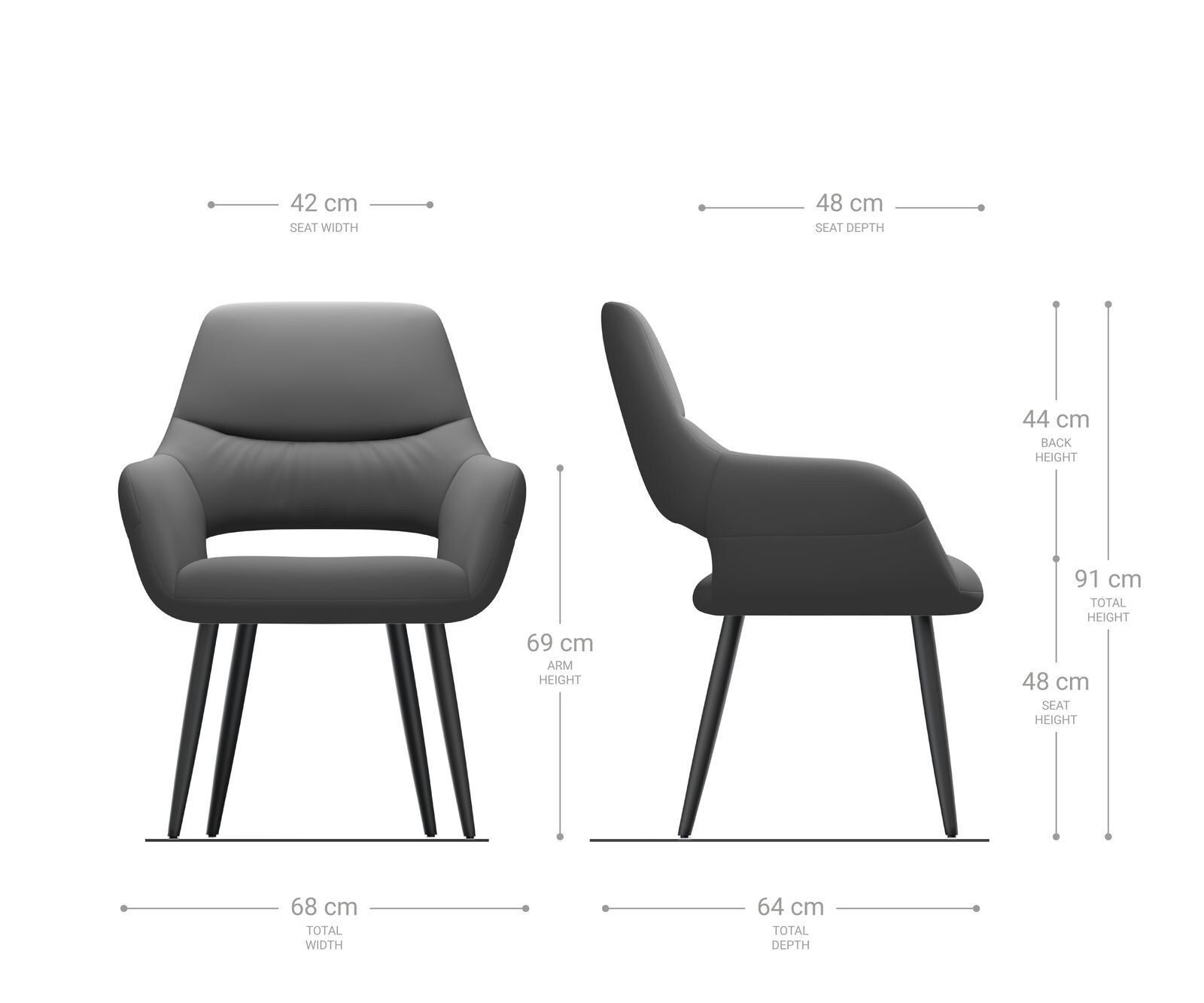 Chaise-de-salle-à-manger Yago-Flex avec accoudoirs microvelours anthracite vintage 4 pieds coniques acier inoxydable brossé ressorts ensachés 6