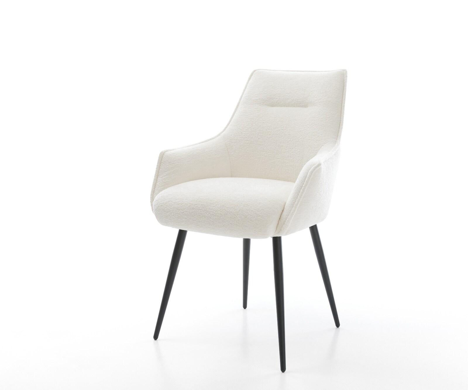 Chaise-de-salle-à-manger Alja-Flex avec accoudoirs bouclé doux beige 4 pieds coniques noir resorts ensachés 1