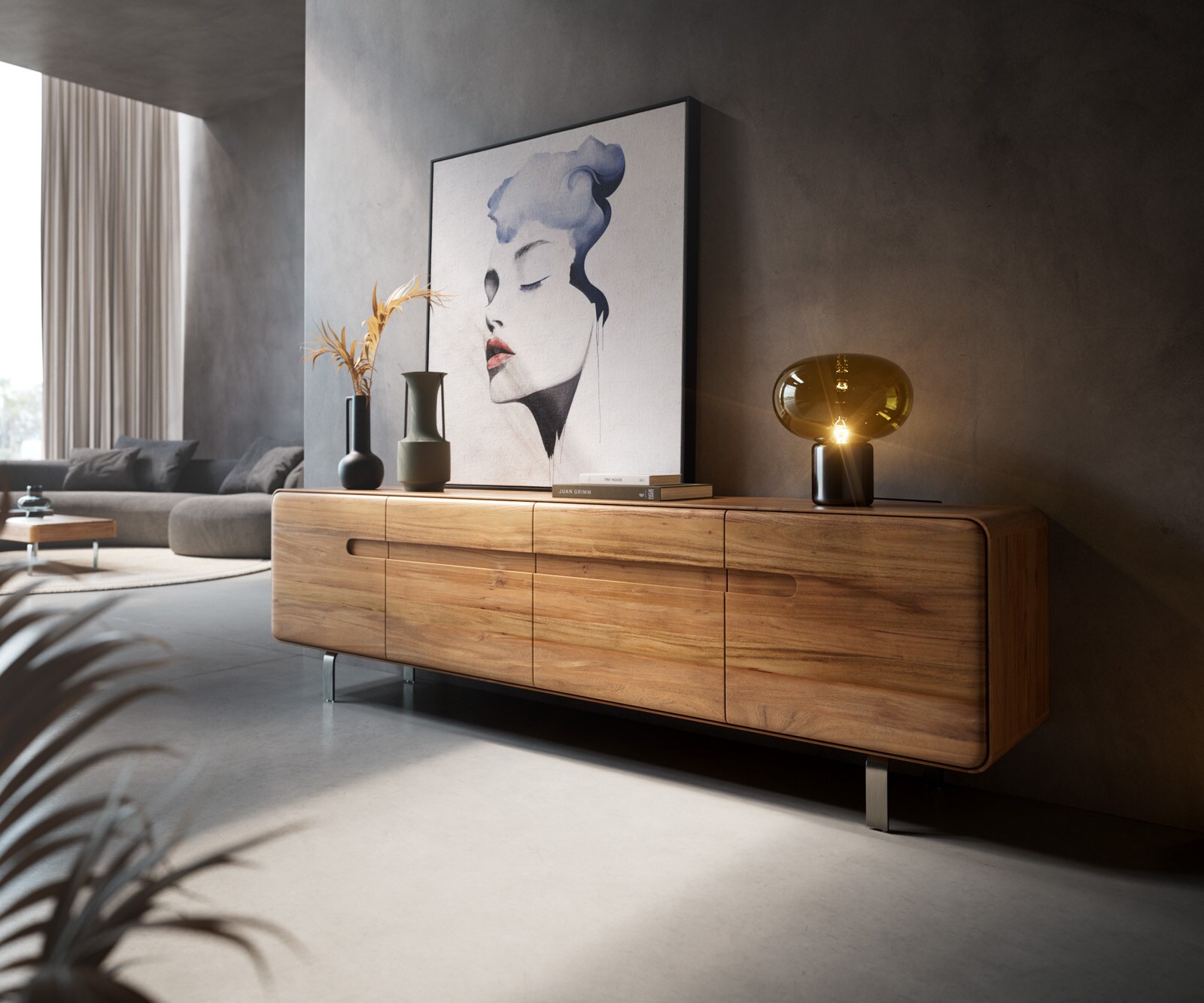 Meuble-TV Anaya 200 cm acacia naturel 4 portes pied en L inoxydable 1
